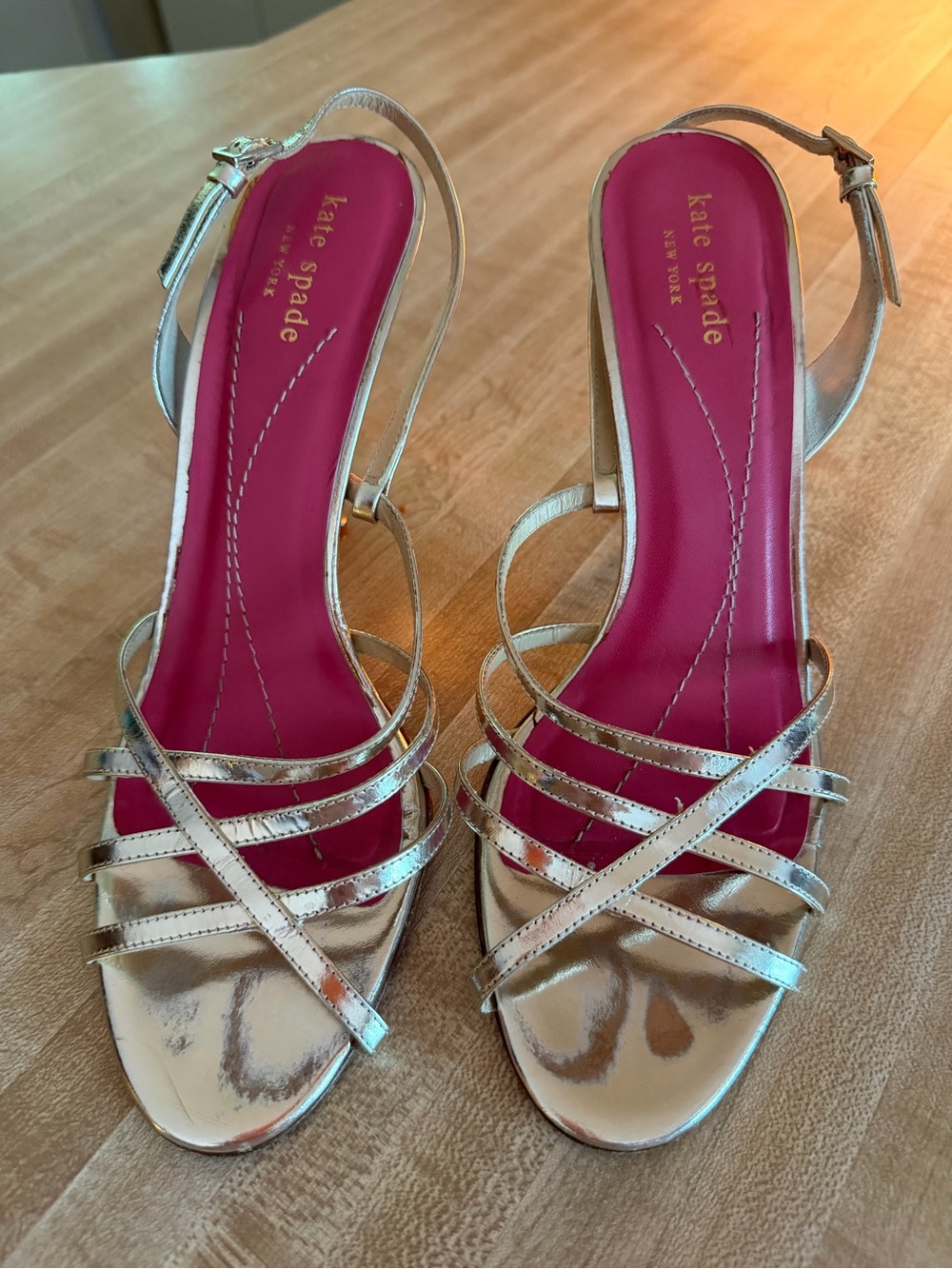 kate spade Metallic Gold Strappy Slingback Heels with Hot Pink Insole